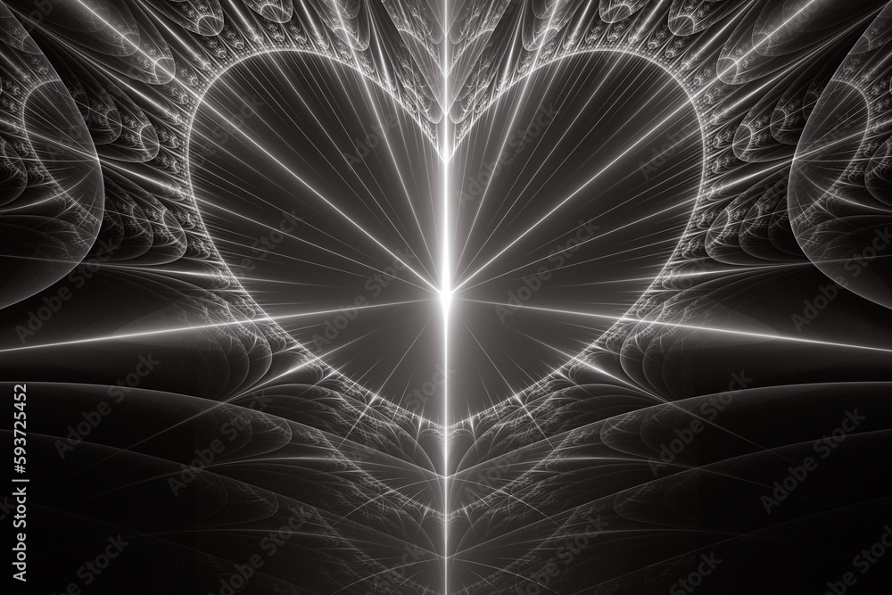 Aufkleber white glowing pattern of crooked waves and rays with a heart on a black background. abstract fractal