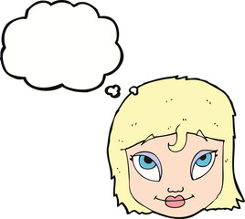 cartoon woman smiling with thought bubble