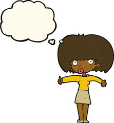 cartoon woman giving thumbs up symbol with thought bubble
