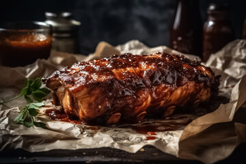 Grilled beef steak. Hot grilled spare ribs with barbecue sauce on crumpled paper.