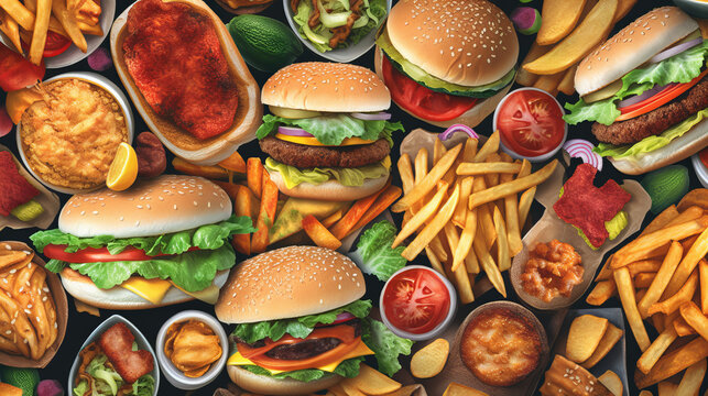 Pattern with american fast food. Fun and bright colorful background. Wallpaper. AI generated
