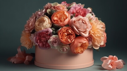 Luxury bouquet of peonies in a round stylish box in pastel color. Al generated