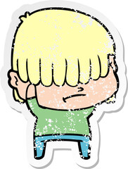 distressed sticker of a cartoon boy with untidy hair