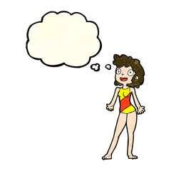 cartoon woman in swimming costume with thought bubble