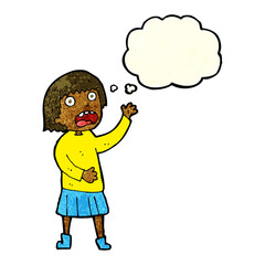 cartoon stressed out woman with thought bubble