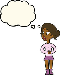 cartoon girl talking with thought bubble