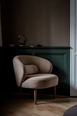Comfortable armchair made of leather in a room with brown and green wall.
