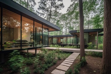 Fototapeta na wymiar Architecture design idea - contemporary glass-walled luxury residential retreat in a forest oasis - Generative AI