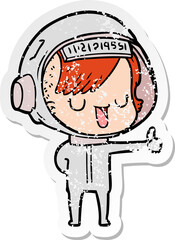 distressed sticker of a cartoon astronaut woman