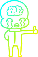 cold gradient line drawing cartoon big brain alien crying but giving thumbs up symbol