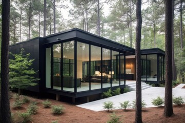 Fototapeta premium Architecture design idea - contemporary glass-walled luxury residential retreat in a forest oasis - Generative AI
