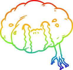 rainbow gradient line drawing cartoon brain with headache