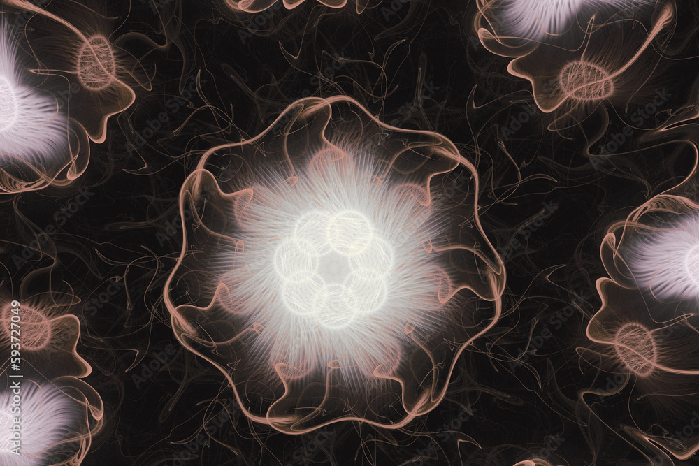 Poster brown floral pattern of crooked waves on a black background. abstract fractal 3d rendering