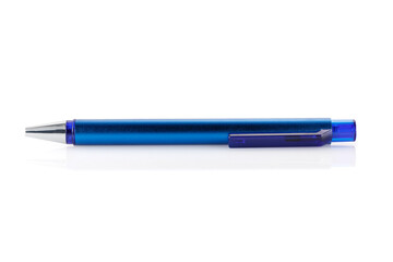 Side view of a blue ballpoint pen, isolated on a white background. Close-up.
