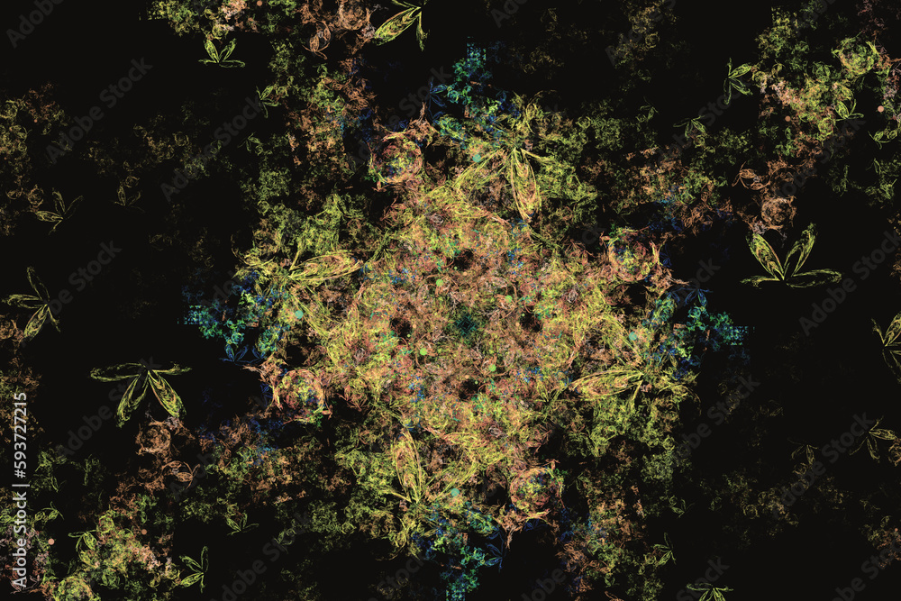 Poster orange green pattern of crooked strokes on a black background. abstract fractal 3d rendering