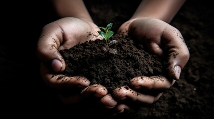 Child hands holding soil and a tiny plant