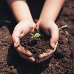 Child hands holding soil and a tiny plant