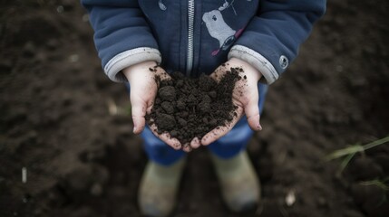 Child hands holding a soil