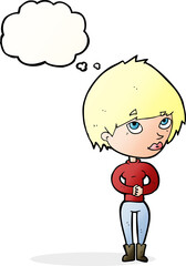 cartoon woman considering with thought bubble