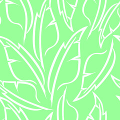 white graphic drawing of stylized feathers on a green background, texture, design