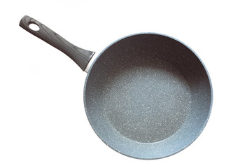 frying pan with handle and non-stick coating on white background top view