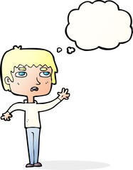cartoon unhappy boy waving with thought bubble
