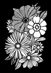 white graphic contour drawing of a bouquet of flowers on a black background, design