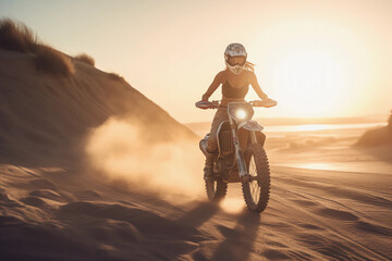 blonde girl riding a moto cross bicycle in the sunset at the beach