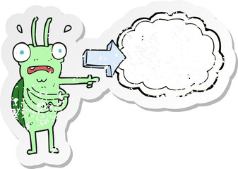 retro distressed sticker of a cartoon bug pointing