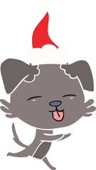 flat color illustration of a dog sticking out tongue wearing santa hat