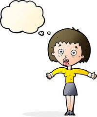 cartoon woman shrugging shoulders with thought bubble