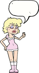 cartoon woman making dismissive gesture with speech bubble