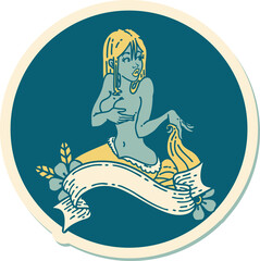 tattoo style sticker of a pinup mermaid with banner