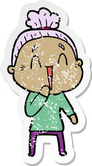 distressed sticker of a cartoon happy old lady