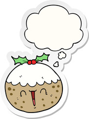 cute cartoon christmas pudding and thought bubble as a printed sticker