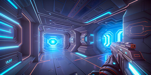 3d render illustration of first person view shooter game arms holding futuristic gun or rifle on sci-fi spaceship corridor background. created by artificial intelligence