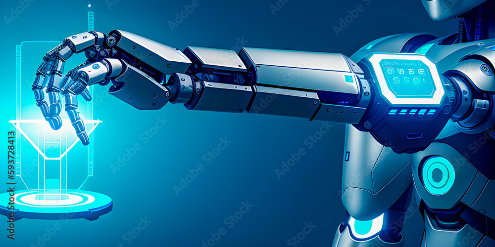 Poster the robot's mechanical arm presses the button of the virtual holographic hud interface on the touch 