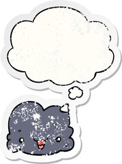 cartoon tiny happy cloud and thought bubble as a distressed worn sticker