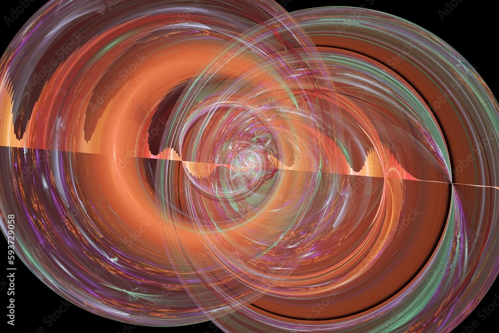 Poster orange double round pattern of crooked waves on a black background. abstract fractal 3d rendering