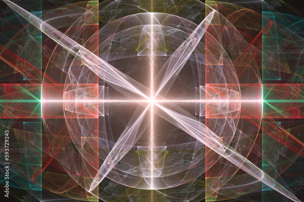 Poster red green glowing pattern of curved shapes and rays on a black background. abstract fractal 3d rende
