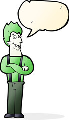 cartoon happy vampire with speech bubble