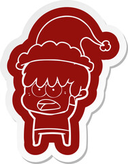 worried cartoon  sticker of a boy wearing santa hat