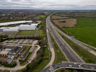 Coventry, United Kingdom. Aerial view of Coventry M6 West to Birmingham from a drone.