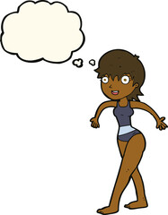 cartoon happy woman in swimming costume with thought bubble