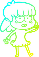 cold gradient line drawing cartoon tired woman