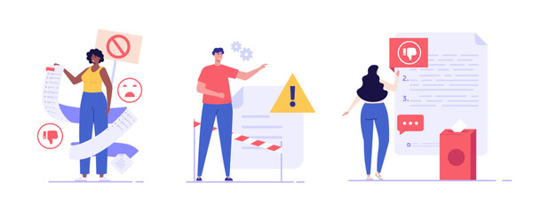 User filling complaint form. Client giving negative feedback at rating scale. Set of bad review, negative feedback, complaint, dislike. Bad user experience. Vector illustration collection flat design