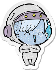 distressed sticker of a cartoon laughing astronaut girl