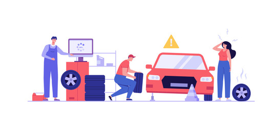 Naklejka premium Tire service illustration. Professional mechanics change wheels and tires. Concept of tire fitting, car repair service, wheels replacement, tyre service. Vector flat cartoon design for web banners
