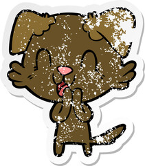 distressed sticker of a laughing cartoon dog