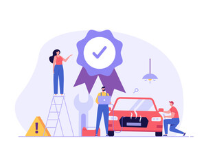 Car warranty service illustration. Auto warranty covers repair of vehicle. Car insurance, assurance coverage. Free car repair and maintenance. Vector flat cartoon design for web banners, UI